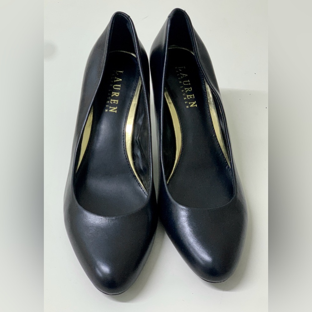 Women’s 7.5 B Black Gold Leather Lauren Ralph Lauren Harper Heeled Shoes
